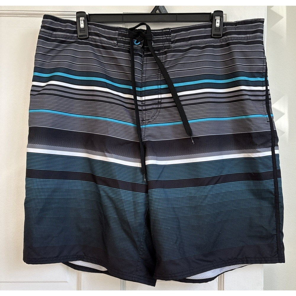 OP Ocean Pacific Mens XL Board Shorts Black Teal Striped Swim Trunks OM17202Y